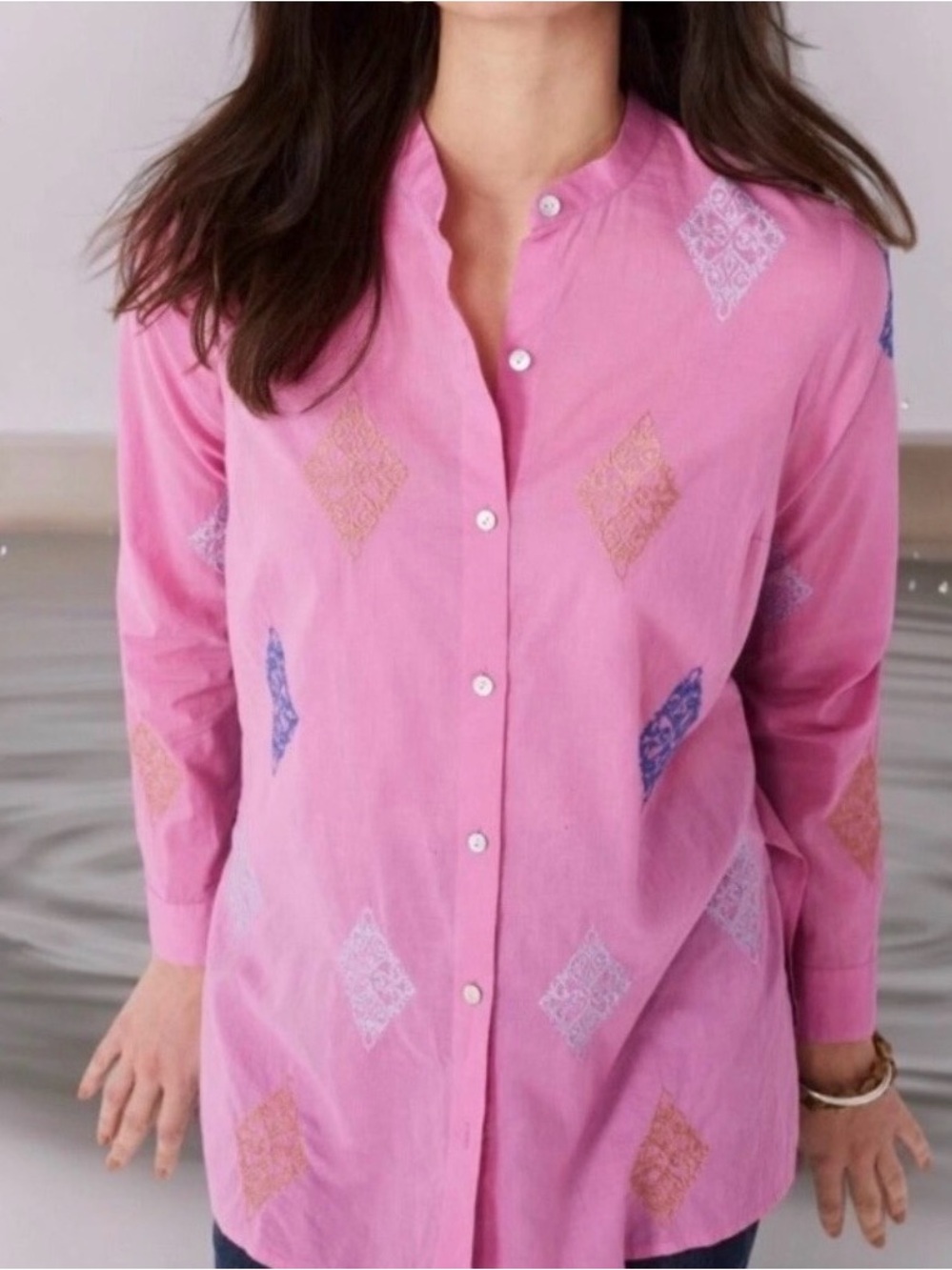 J. Jill Embroidered Button Down Blouse Size Large Pink Lightweight 100% Cotton